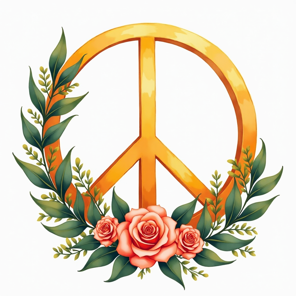 Golden Peace Sign with Roses Watercolor Wall Art
