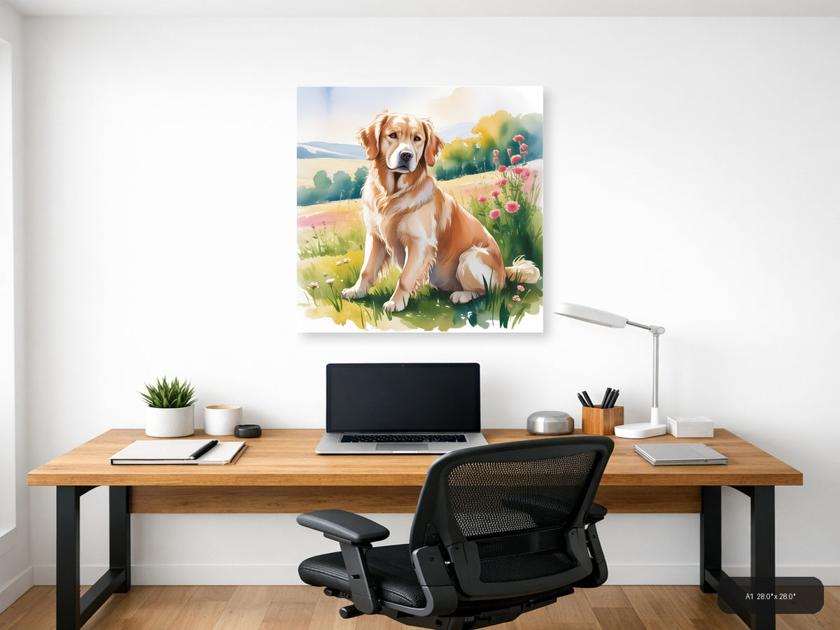 Brown and White Dog in Wildflower Meadow Watercolor Wall Art — A1 / Office