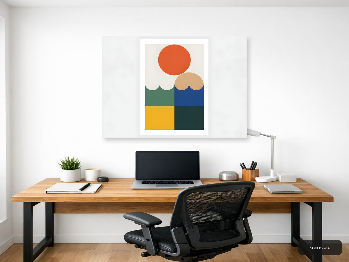 Minimalist Geometric Landscape with Sun and Water Wall Art — A1 / Office