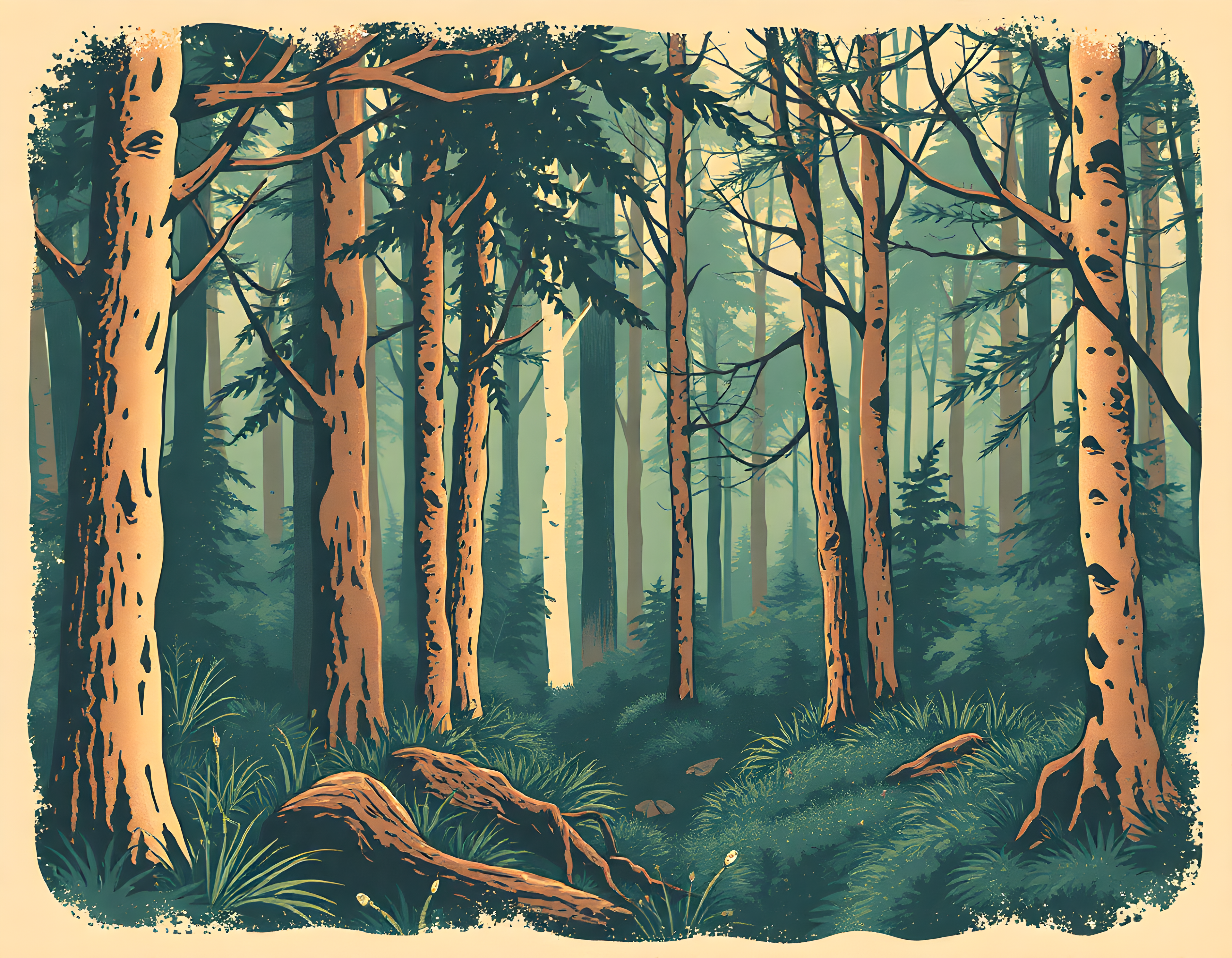 Vintage Forest Path with Birch Trees Wall Art