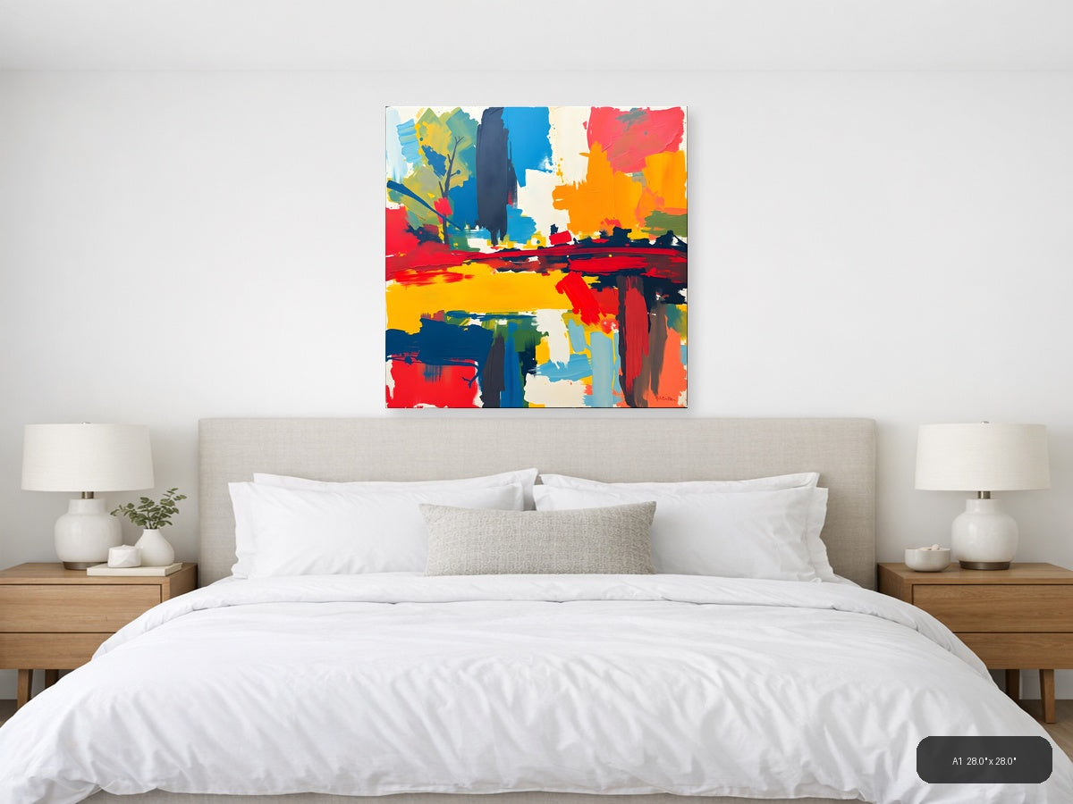 Vibrant Abstract Landscape with Blue Tower Wall Art — A1 / Bedroom