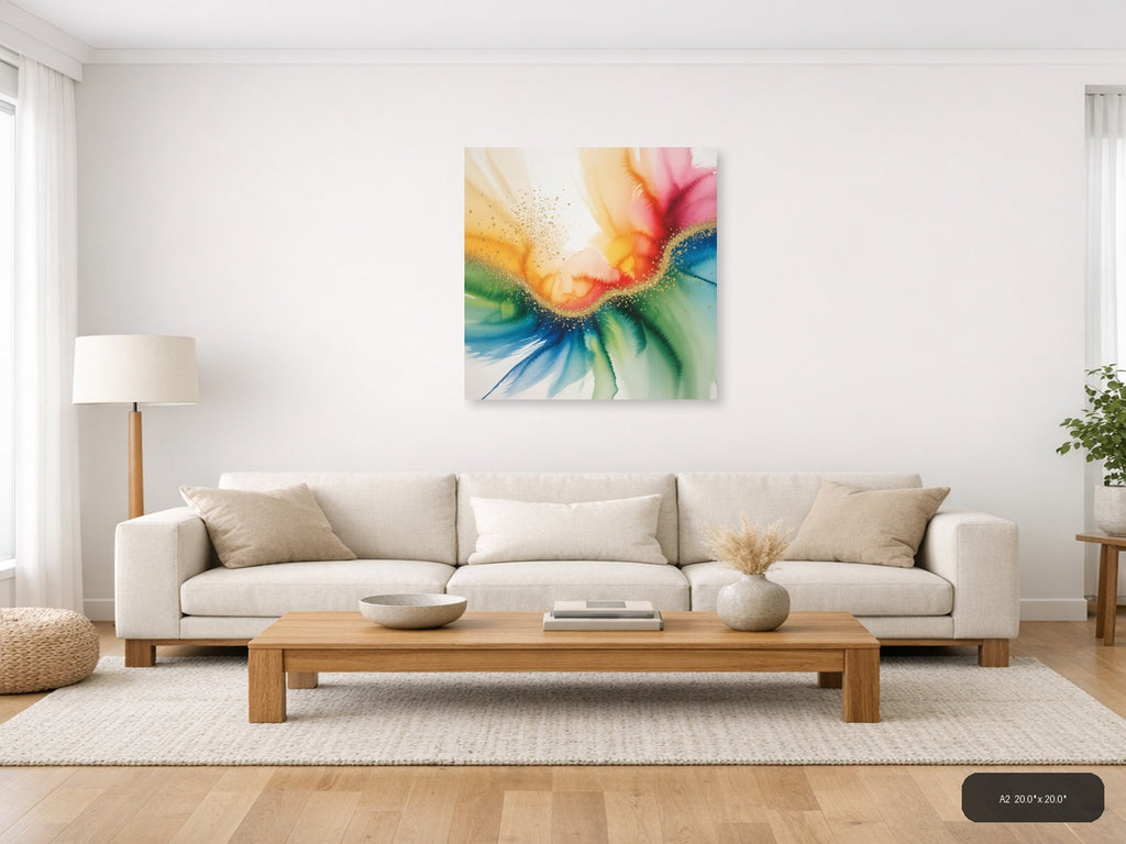Rainbow Watercolor Flower with Gold Sparkle Wall Art — A2 / Living Room