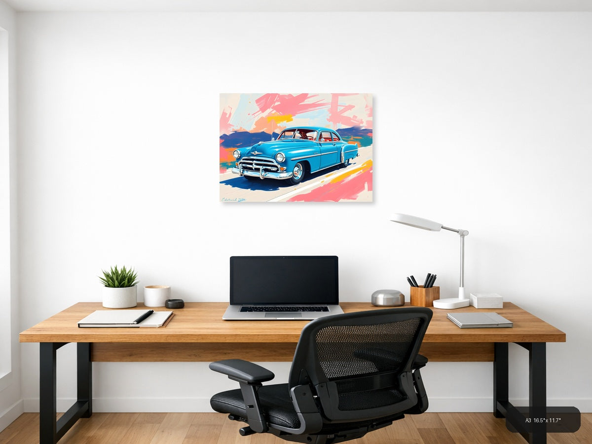 Blue Vintage Car Abstract Brushstrokes Wall Art — A3 / Office