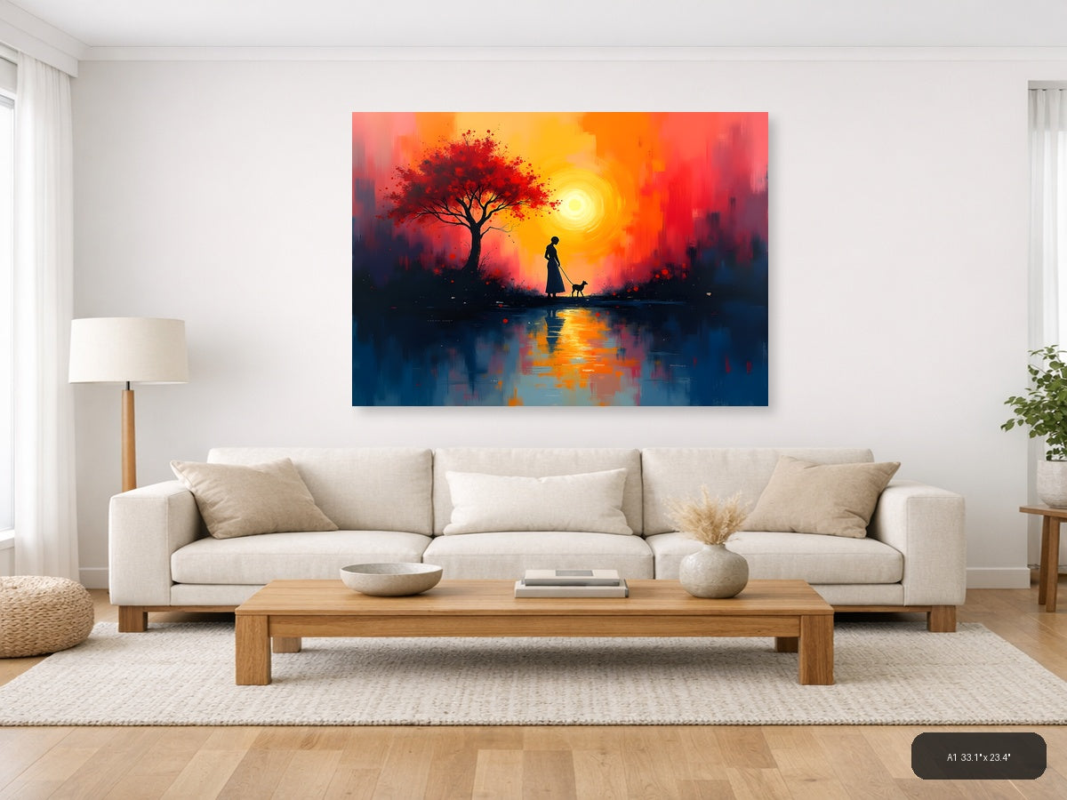 Sunset Woman with Dog & Red Tree Abstract Wall Art — A1 / Living Room