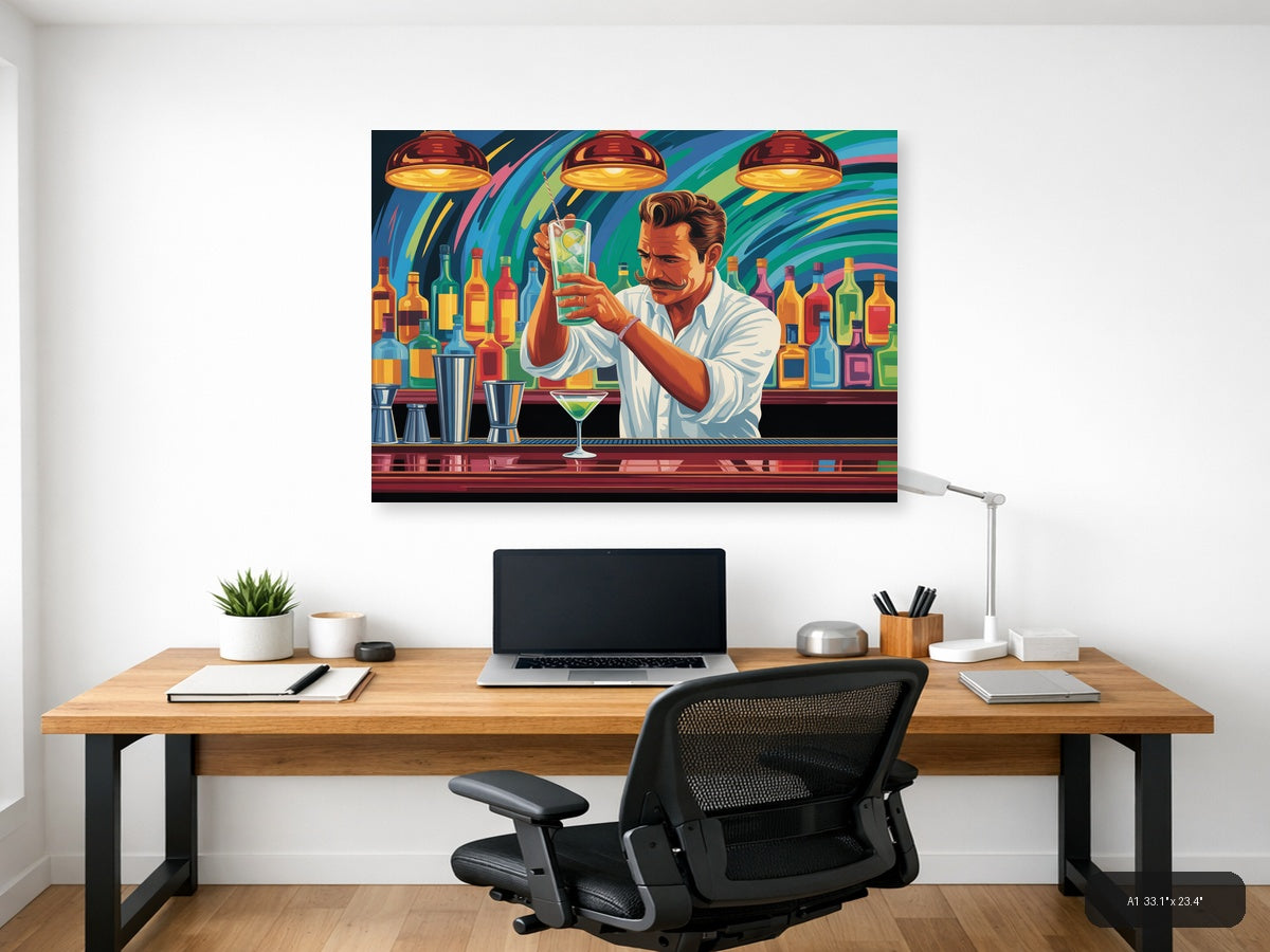 Vibrant Bartender Portrait Abstract Colorful Wall Art — A1 / Office