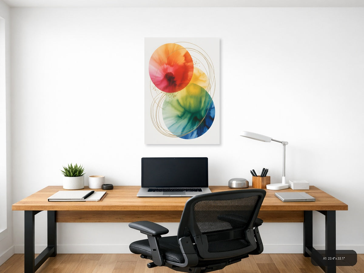 Rainbow Watercolor Circles with Gold Lines Wall Art — A1 / Office