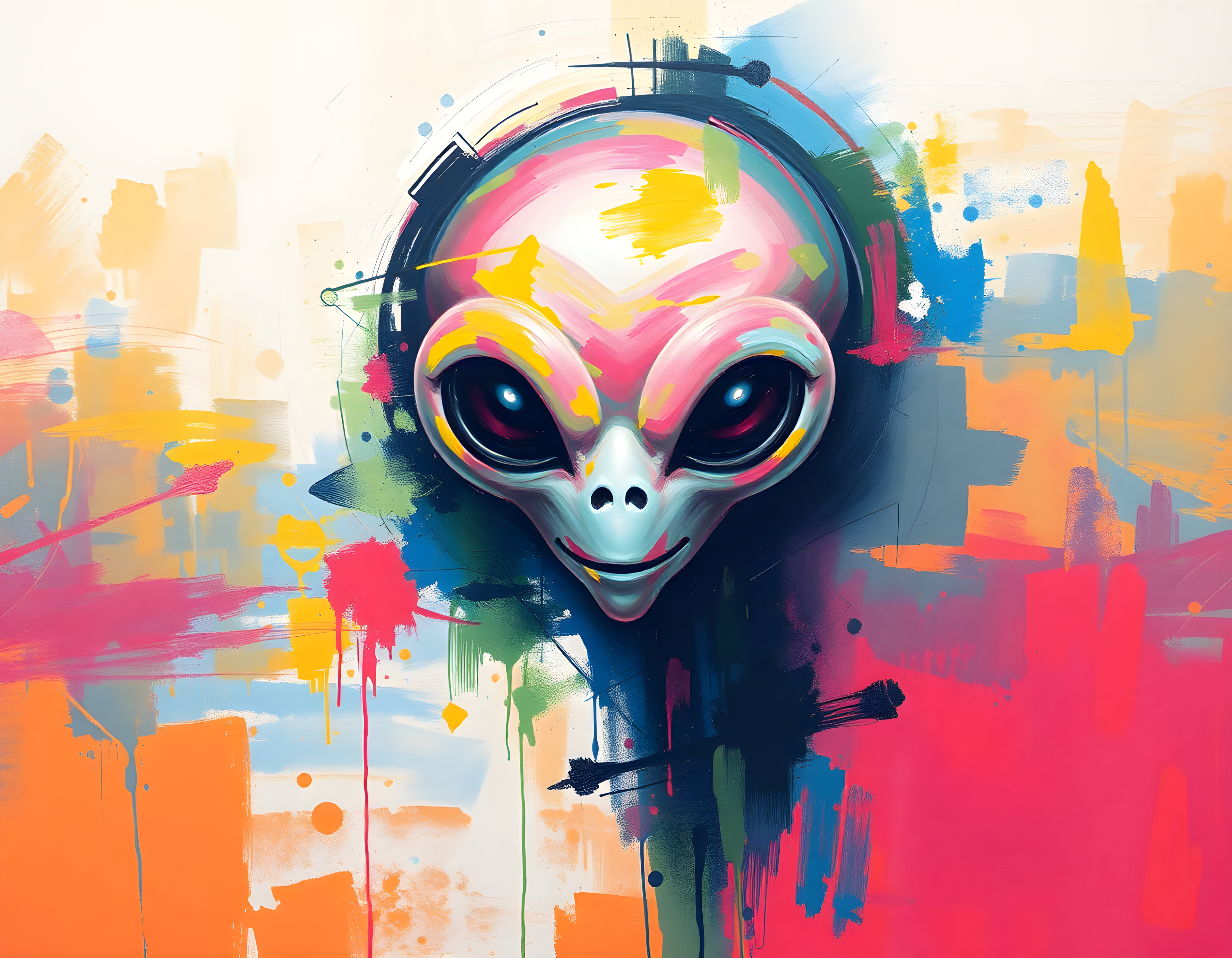 Colorful Alien with Headphones Abstract Wall Art
