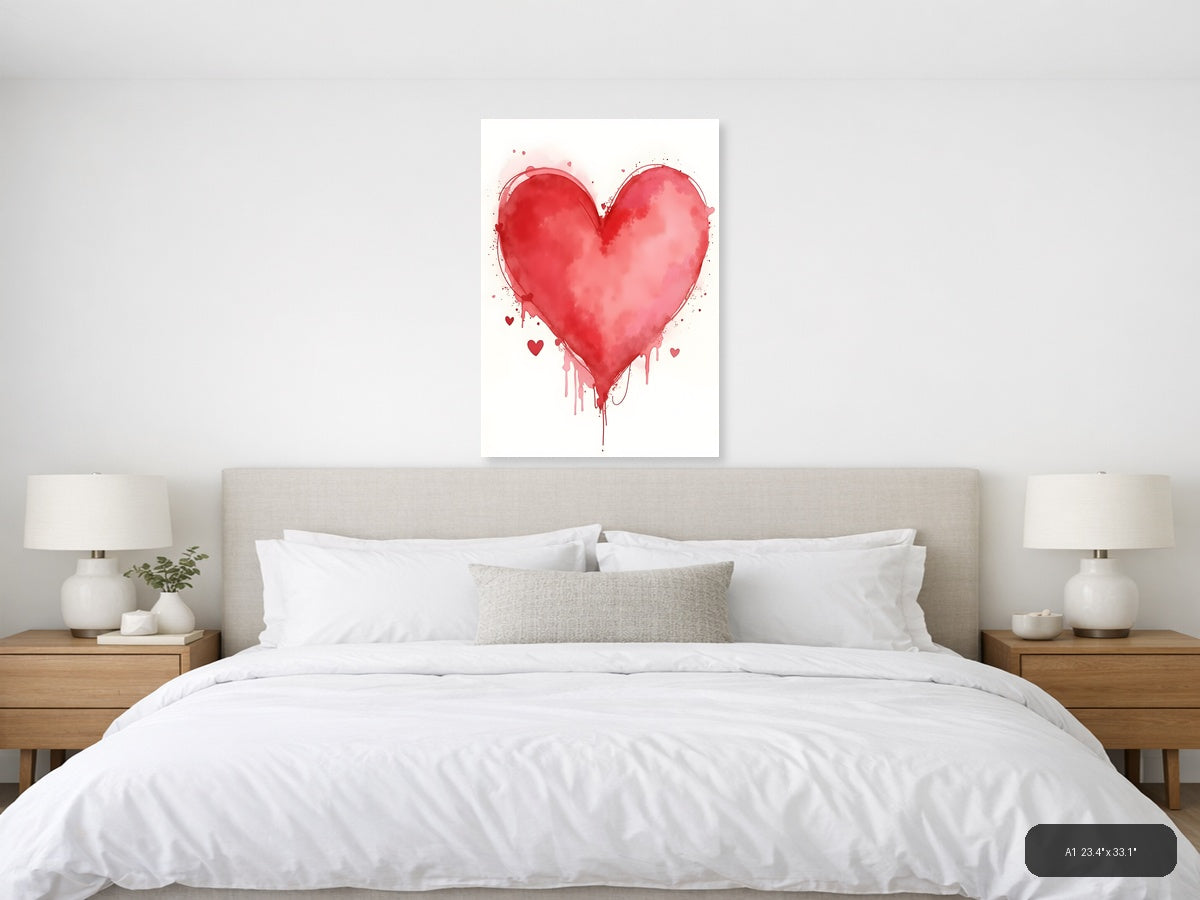 Red Watercolor Heart with Dripping Paint Wall Art — A1 / Bedroom