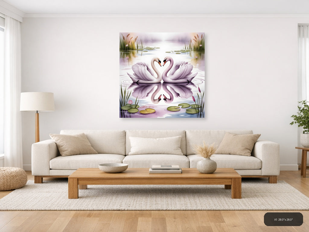 Two Swans Heart Reflection Watercolor Wall Art — A1 / Living Room