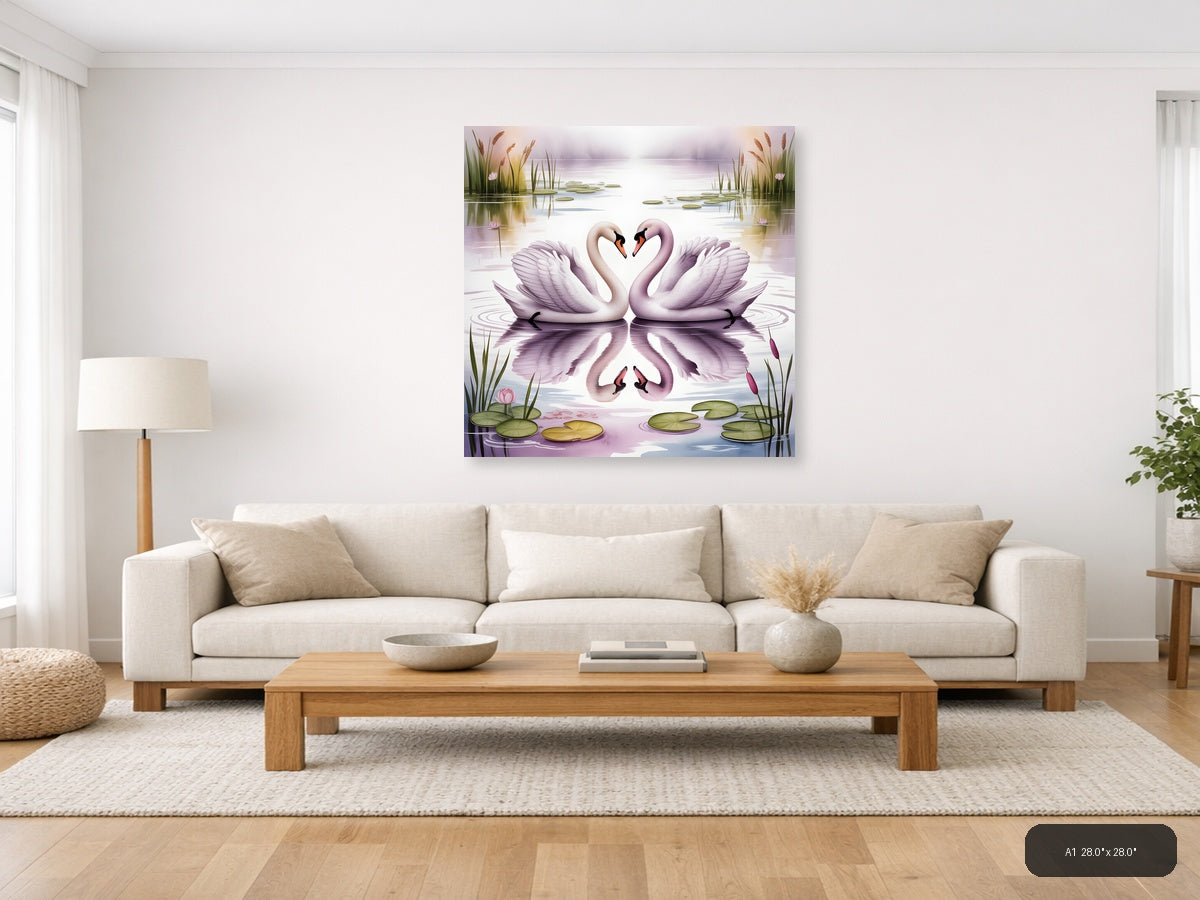 Two Swans Heart Reflection Watercolor Wall Art — A1 / Living Room