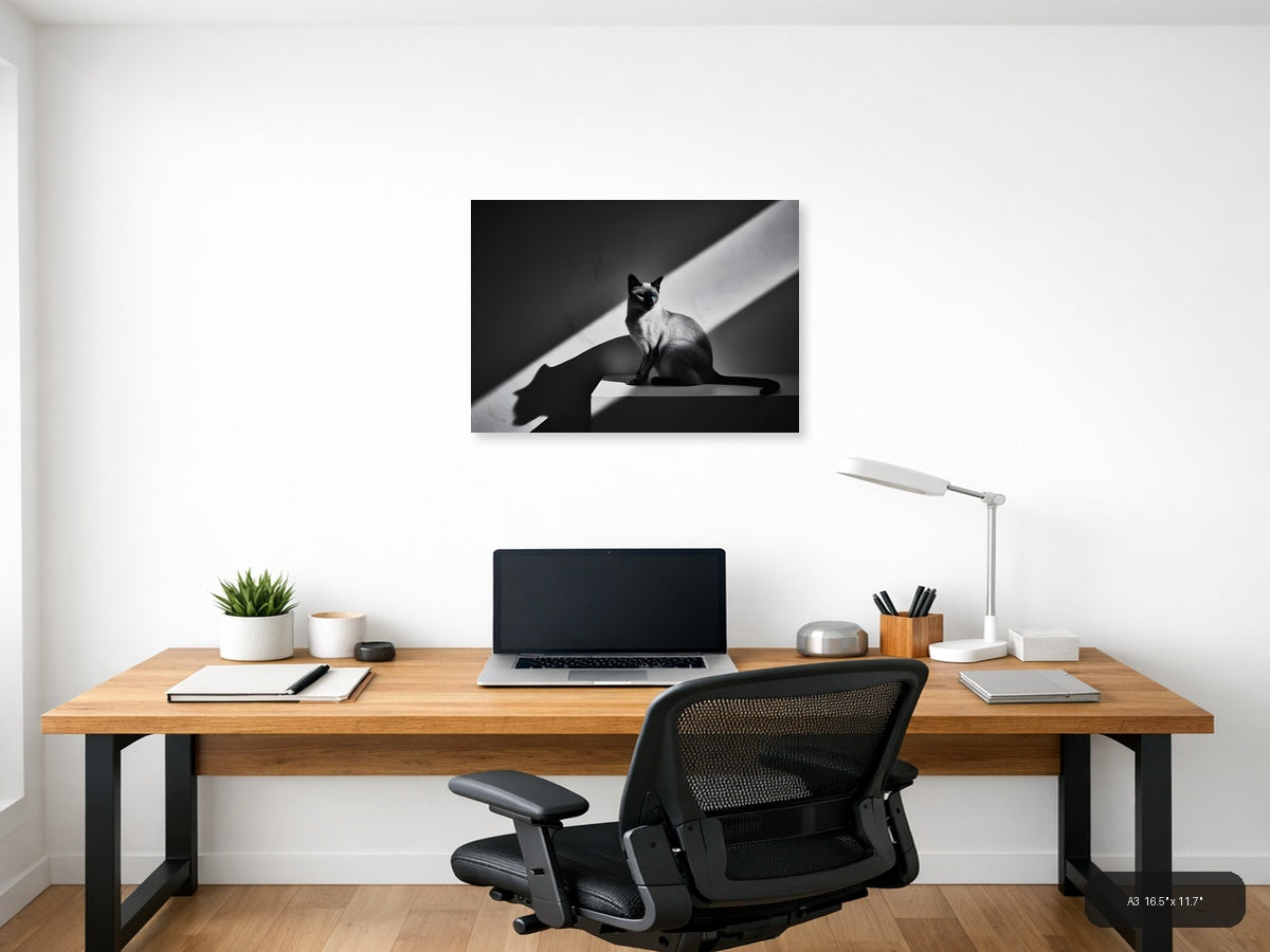 Siamese Cat in Sunlight - Black White Photography Wall Art — A3 / Office