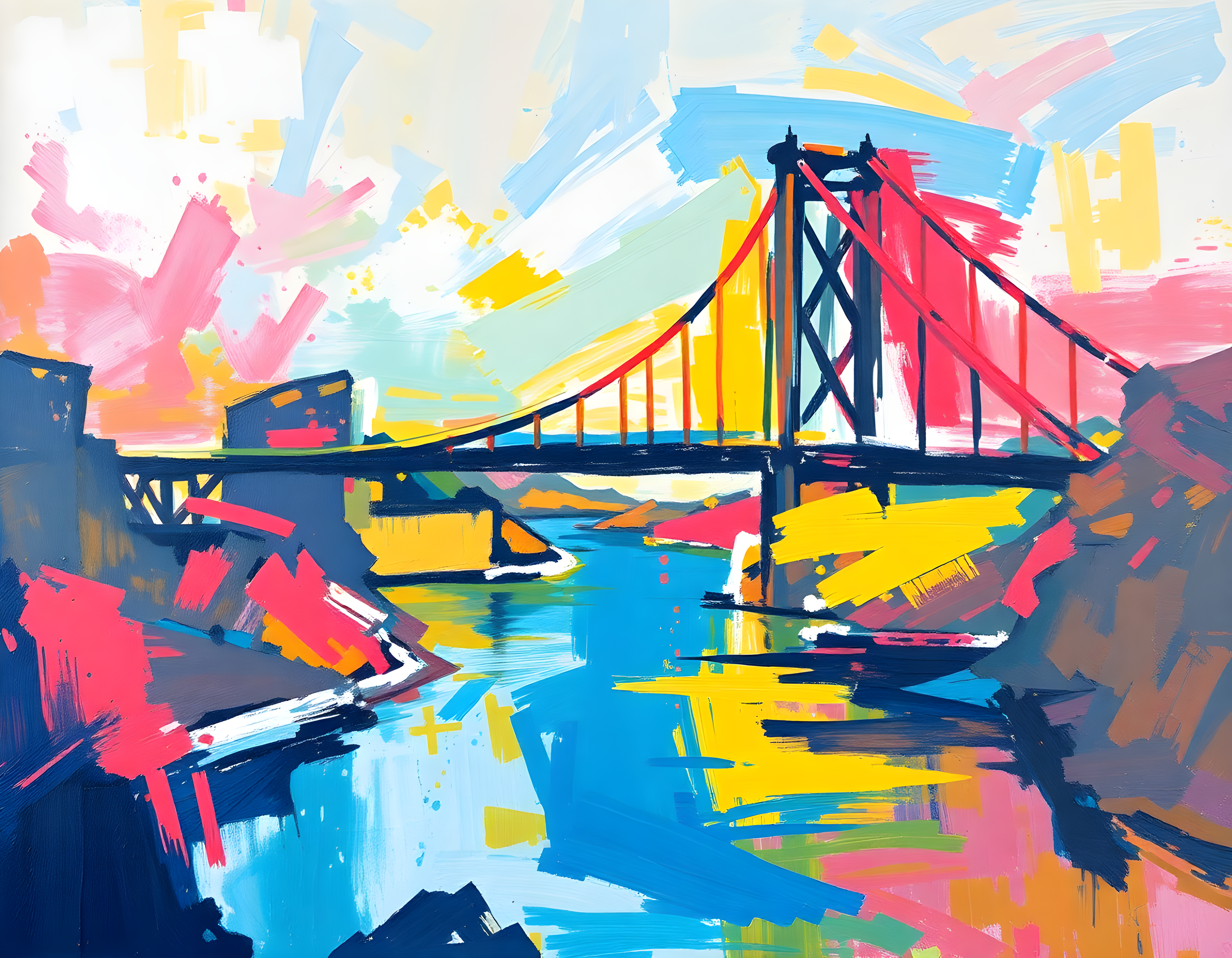 Colorful Abstract Bridge Landscape Wall Art