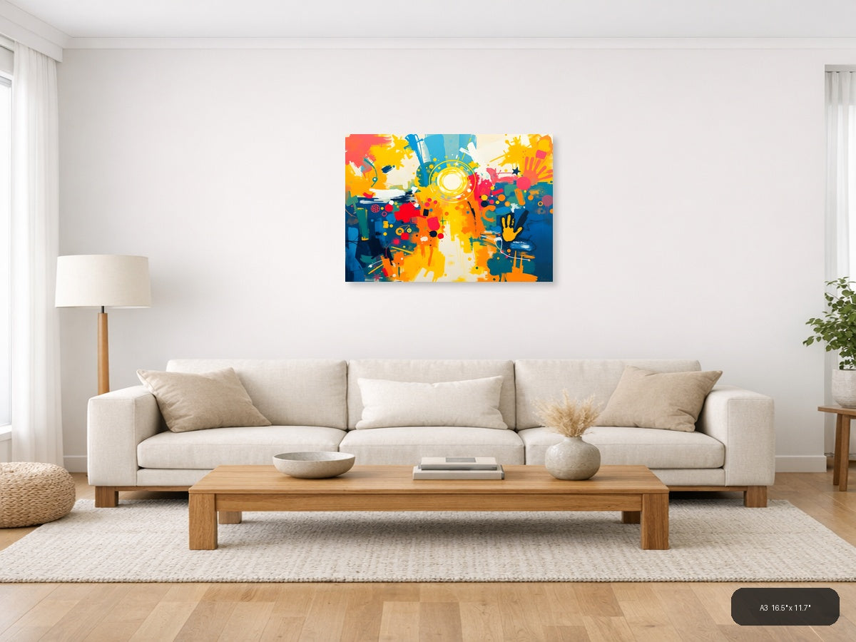 Vibrant Abstract Explosion Circular Yellow Focal Point Wall Art — A3 / Living Room