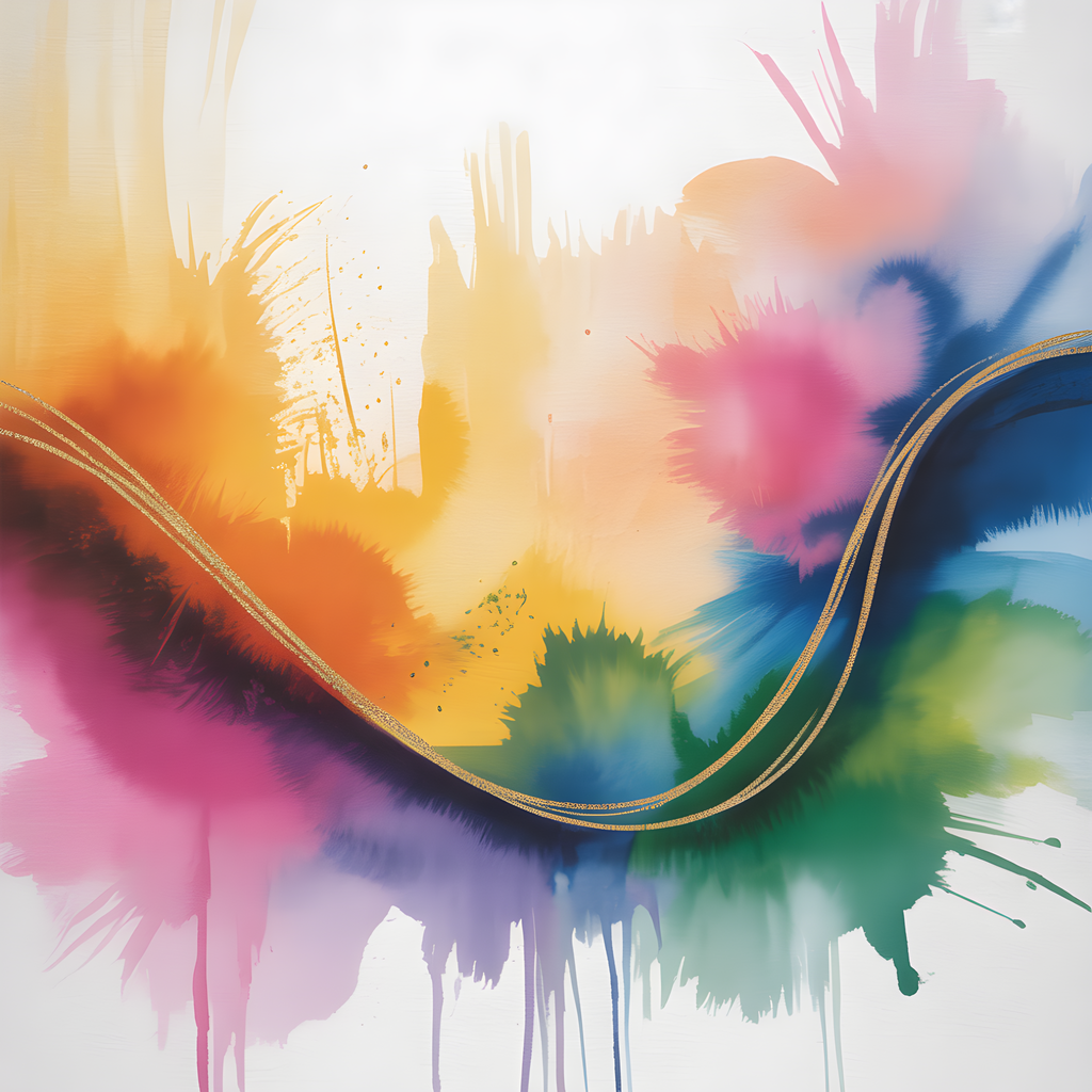 Colorful Watercolor Abstract Wave with Gold Line Wall Art
