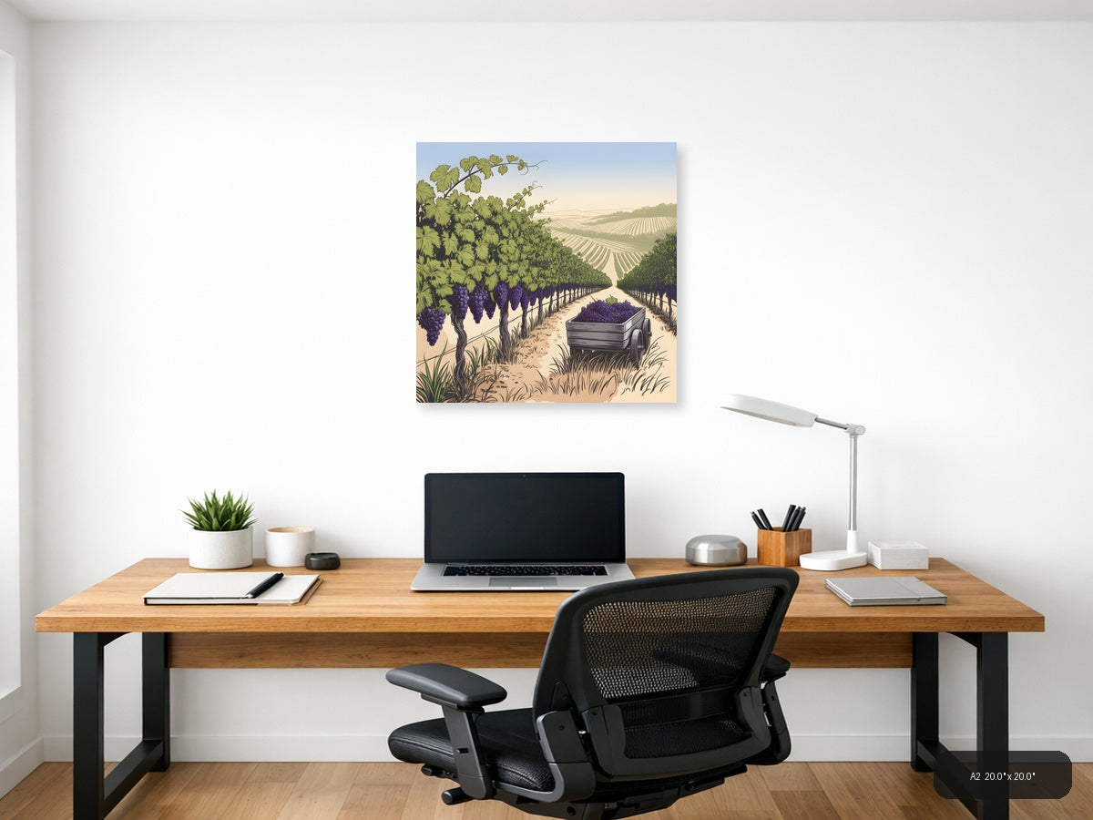 Vineyard Harvest Line Art - Purple Grapes Wine Country Wall Art — A2 / Office