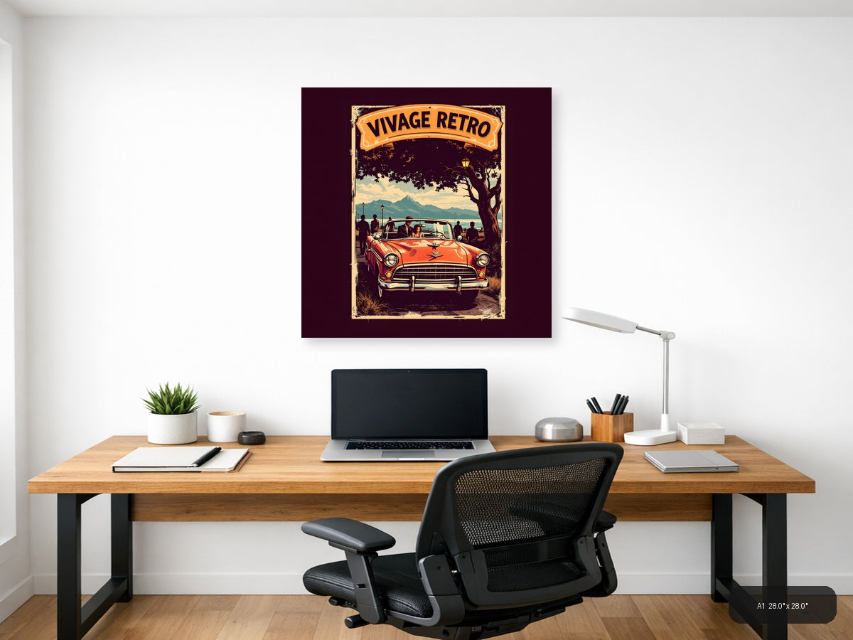 Vintage Retro Classic Car Mountain Landscape Wall Art — A1 / Office