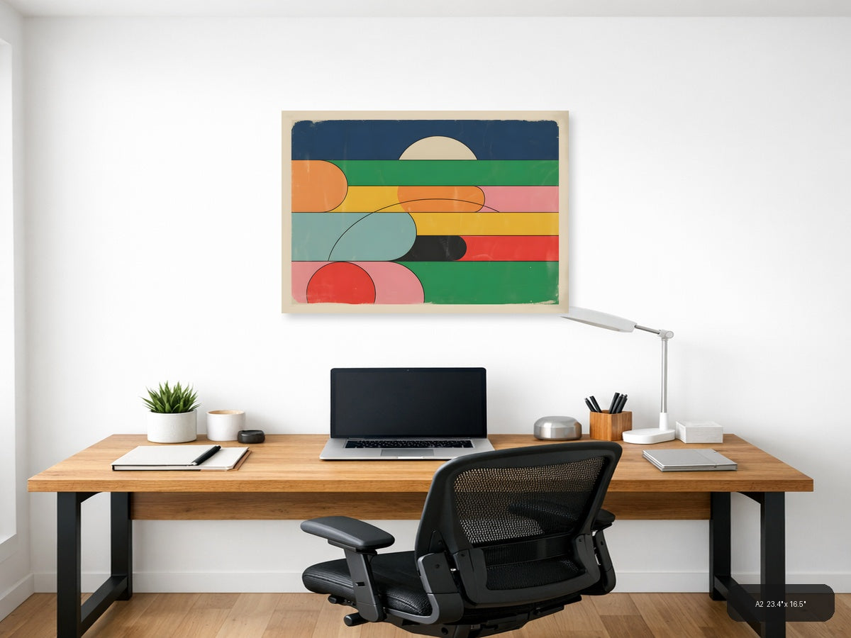 Vintage Retro Geometric Landscape Sunrise Wall Art — A2 / Office