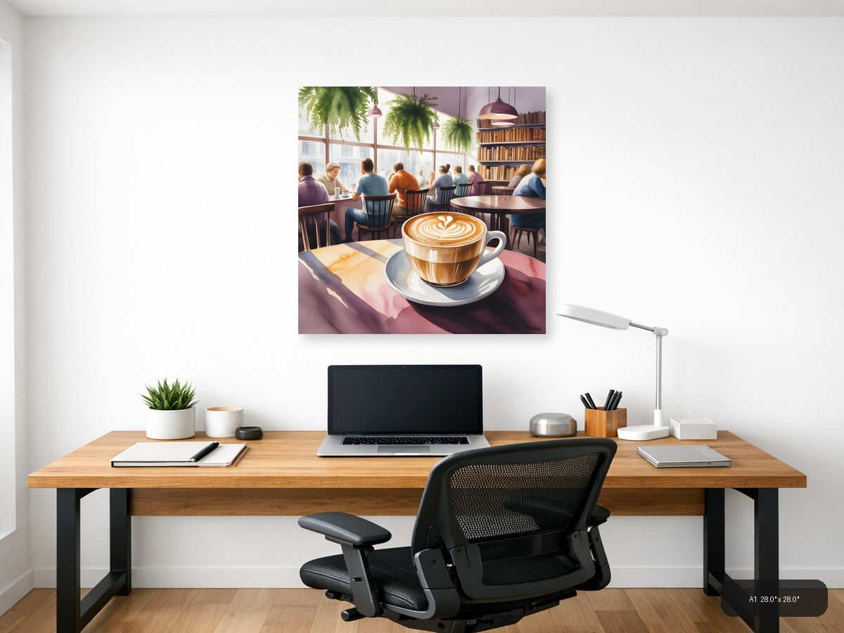 Cozy Café with Latte - Watercolor Wall Art — A1 / Office