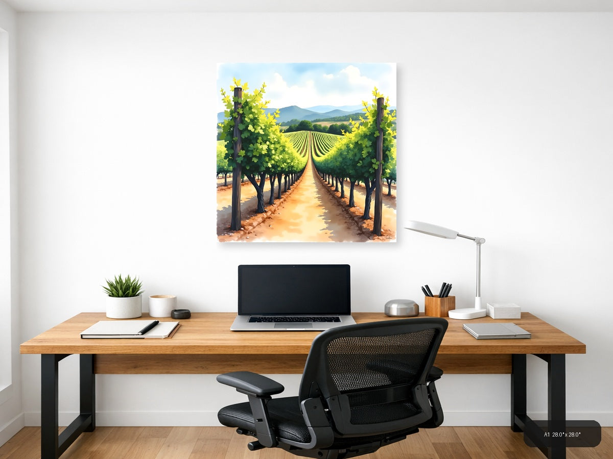 Vineyard Rows Watercolor Landscape Wall Art — A1 / Office