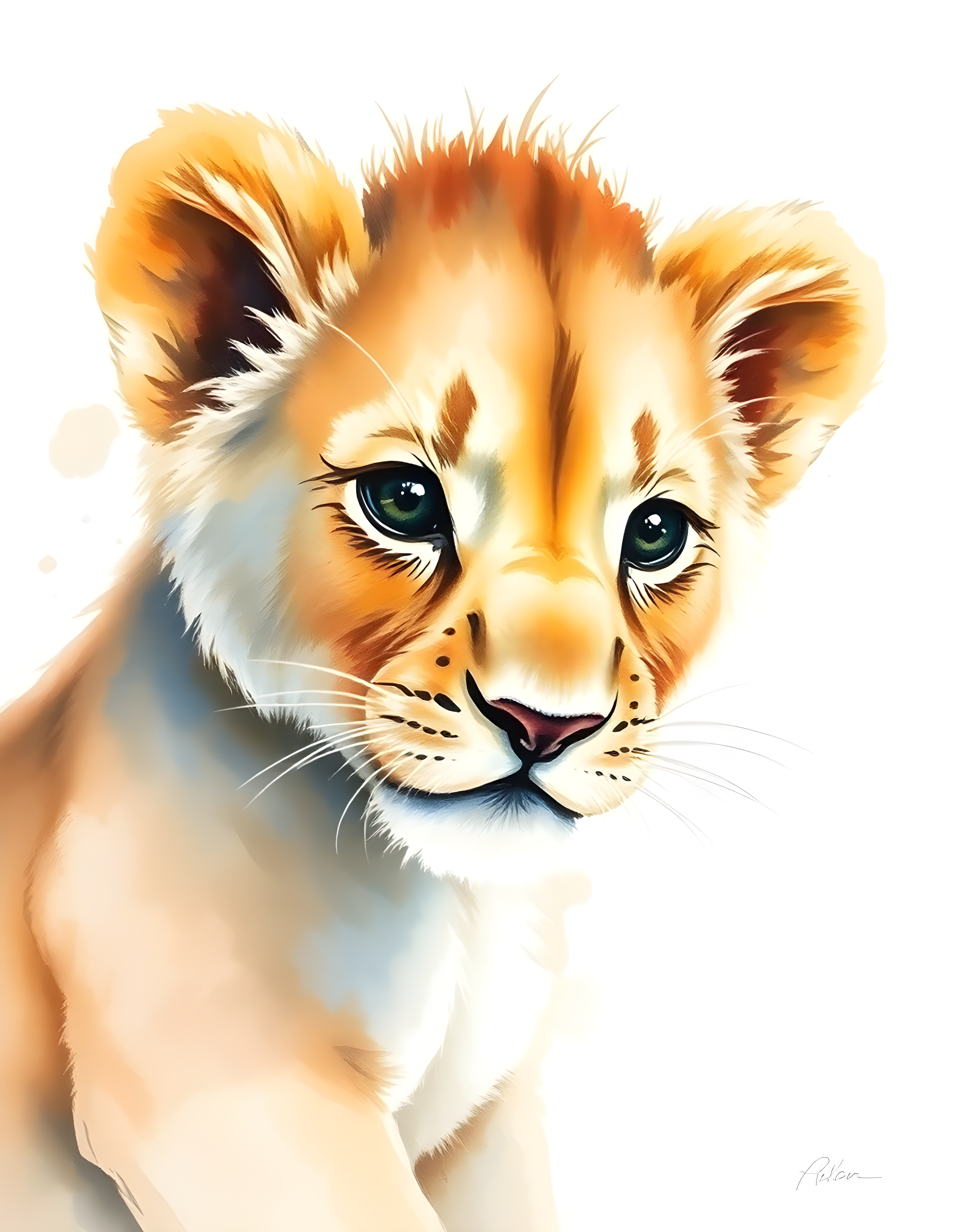 Young Lion Cub Watercolor Portrait Wall Art