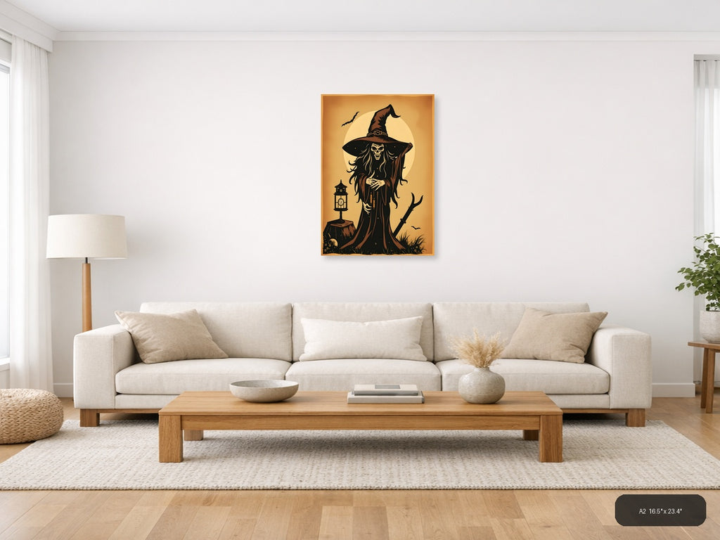 Vintage Skeleton Witch with Hat Moon Wall Art — A2 / Living Room