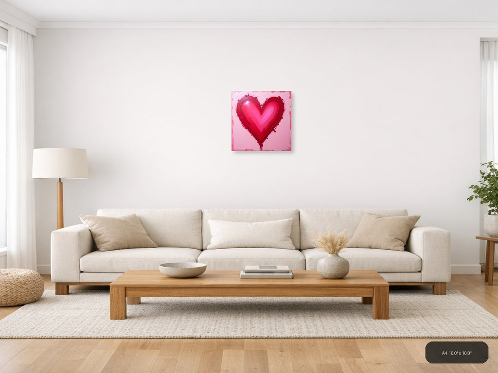 Abstract Red Heart Painting on Pink Background Wall Art — A4 / Living Room