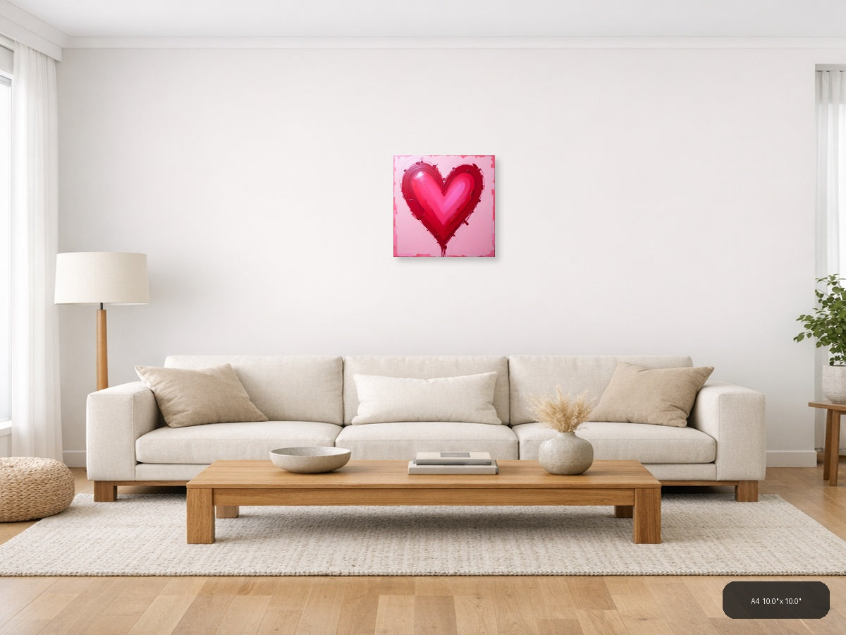 Abstract Red Heart Painting on Pink Background Wall Art — A4 / Living Room