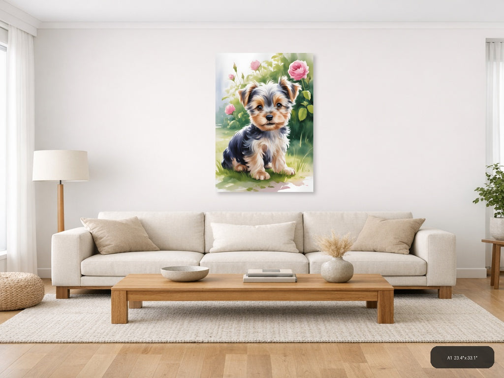 Adorable Puppy with Pink Roses Watercolor Wall Art — A1 / Living Room