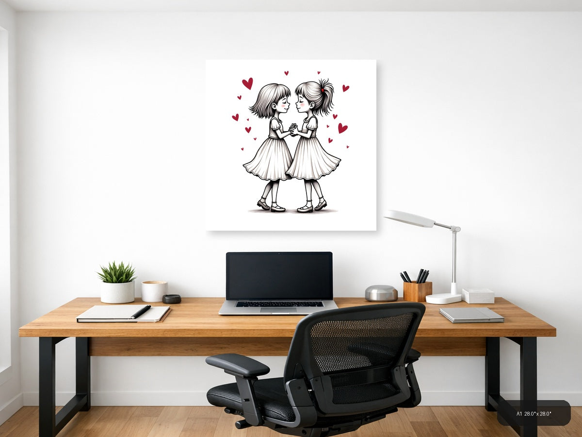 Two Girls Holding Hands Line Art with Hearts Wall Art — A1 / Office