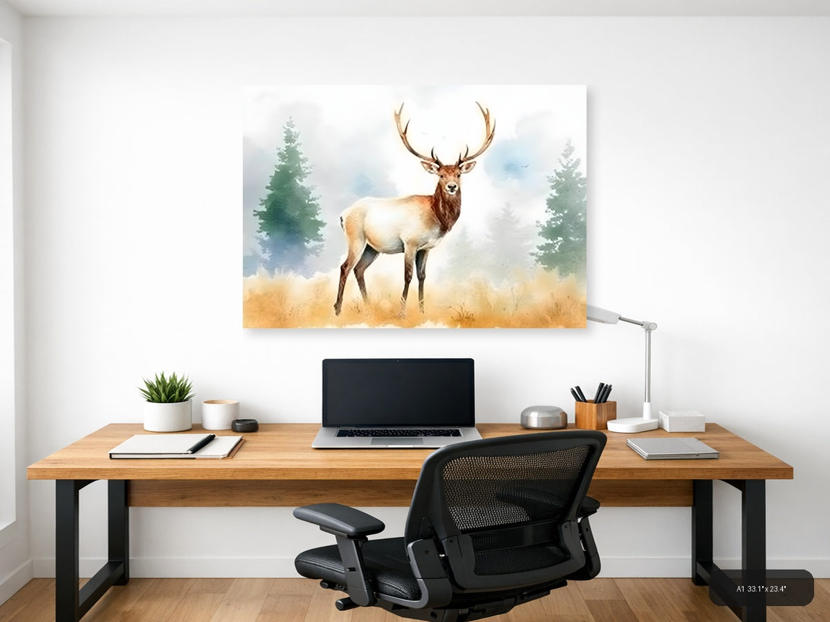 Majestic Elk in Forest Watercolor Wall Art — A1 / Office