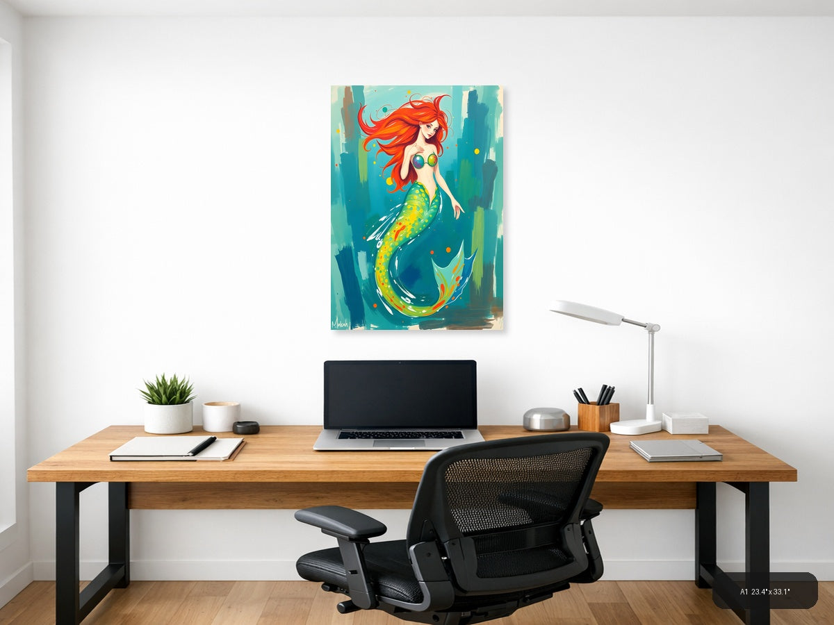 Vibrant Mermaid with Red Hair Abstract Wall Art — A1 / Office