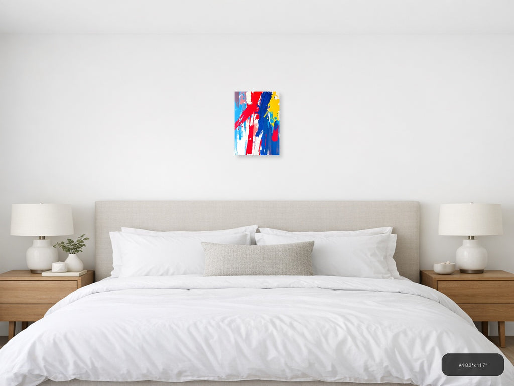 Bold Red Blue Yellow Abstract Brushstroke Wall Art — A4 / Bedroom