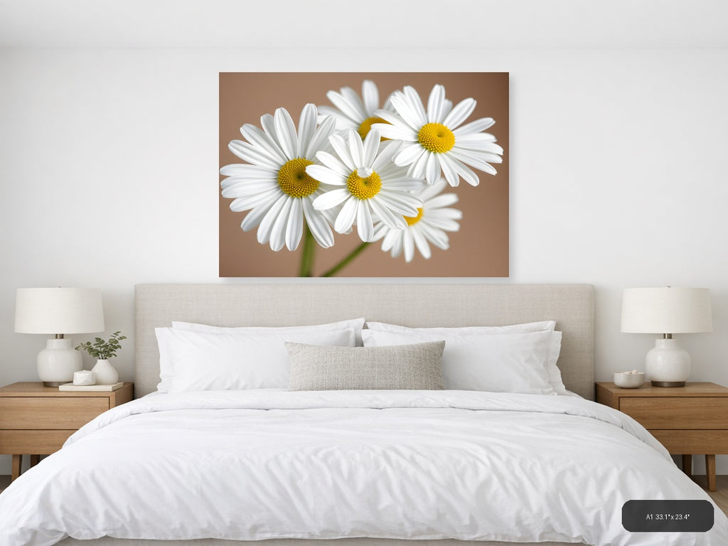 White Daisies with Yellow Centers Minimalist Wall Art — A1 / Bedroom