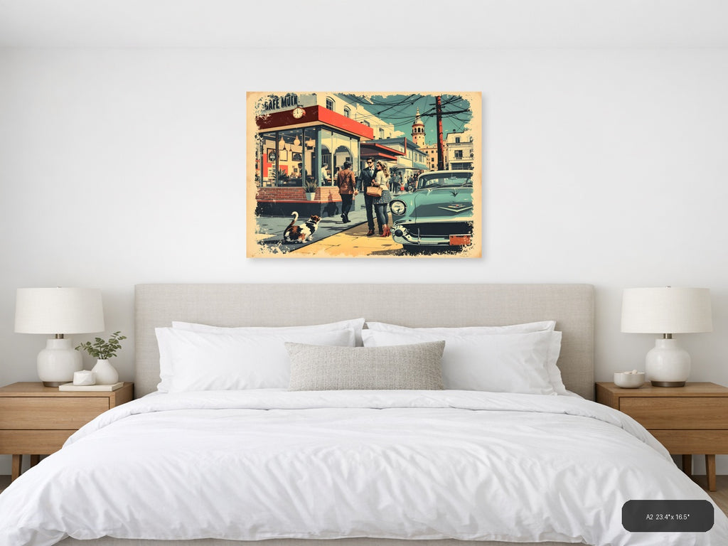 Vintage Café Street Scene with Retro Car Wall Art — A2 / Bedroom