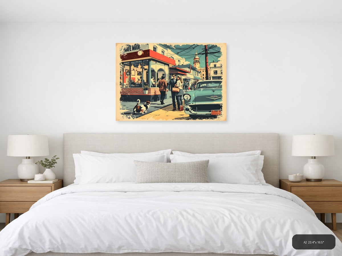 Vintage Café Street Scene with Retro Car Wall Art — A2 / Bedroom