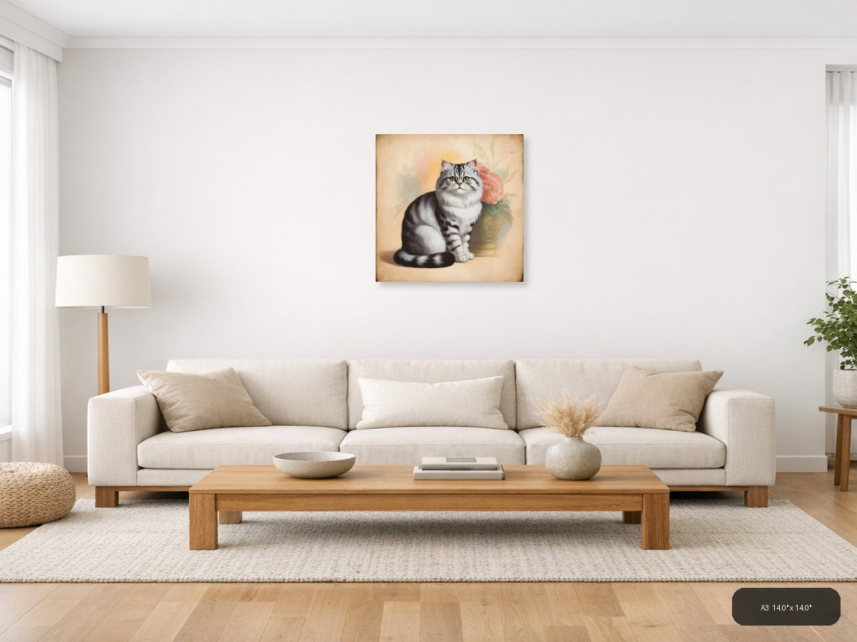 Vintage Grey Tabby Cat with Pink Roses Wall Art — A3 / Living Room