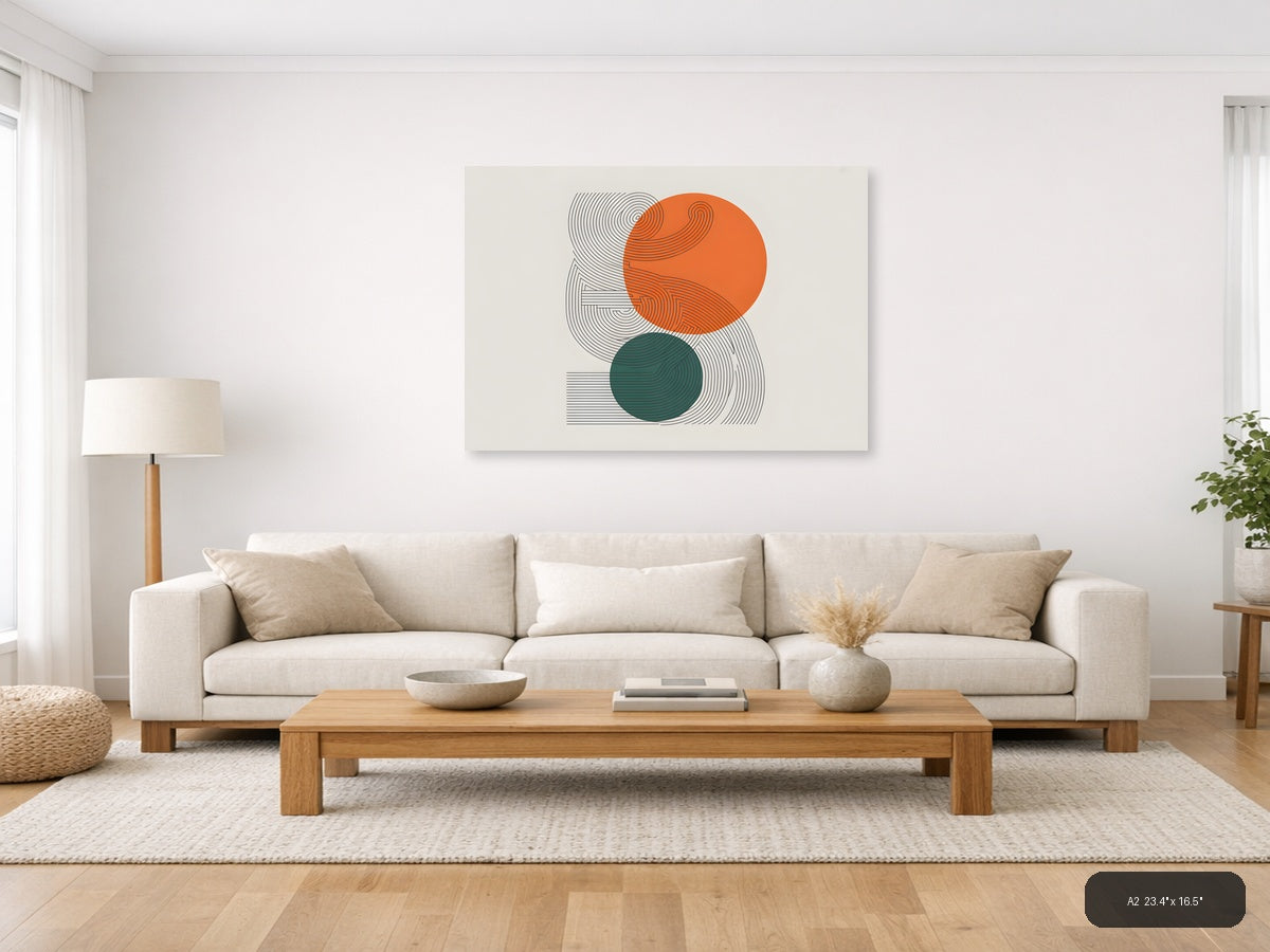 Abstract Line Art with Orange and Teal Circles Wall Art — A2 / Living Room