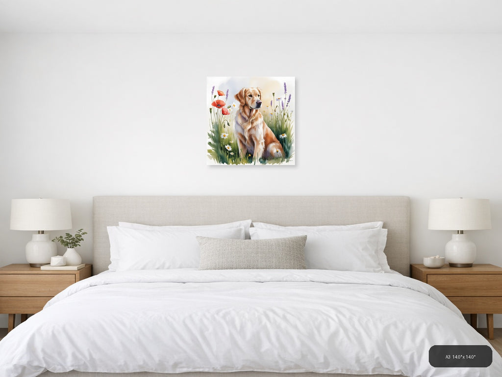 Golden Retriever in Wildflower Garden Watercolor Wall Art — A3 / Bedroom