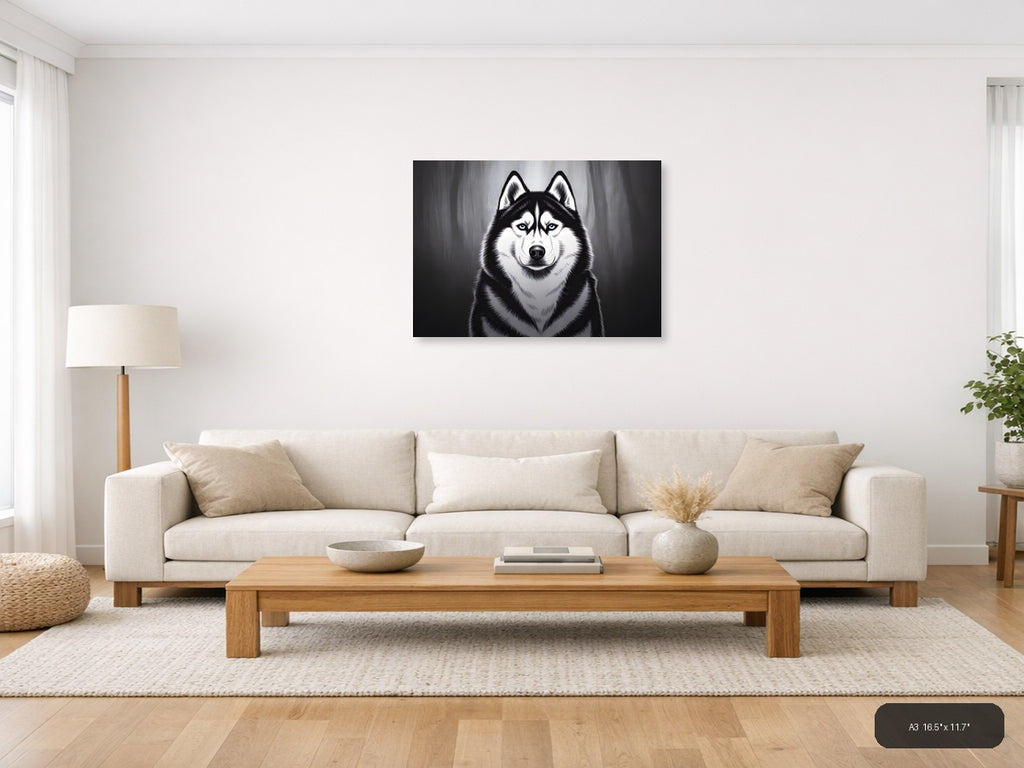 Striking Husky Portrait Black and White Photography Wall Art — A3 / Living Room