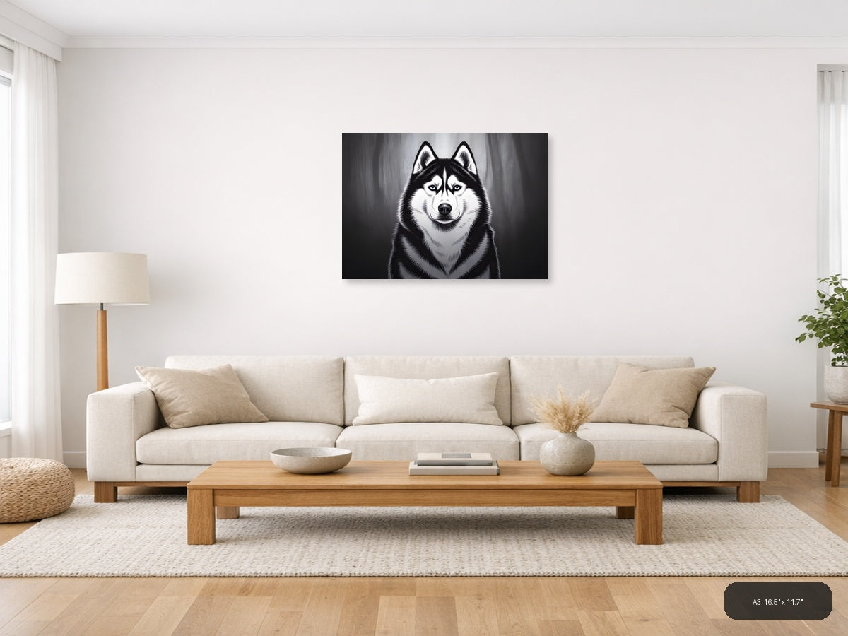 Striking Husky Portrait Black and White Photography Wall Art — A3 / Living Room