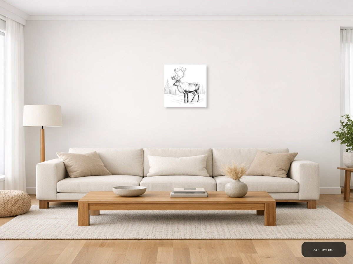 Majestic Caribou with Antlers Line Art Wall Art — A4 / Living Room