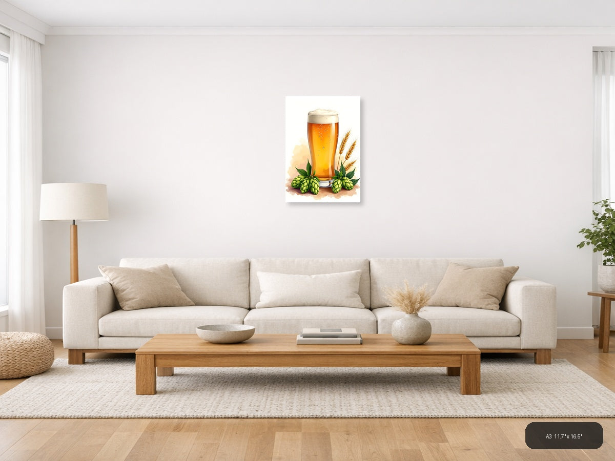 Beer Glass with Hops and Wheat Watercolor Wall Art — A3 / Living Room