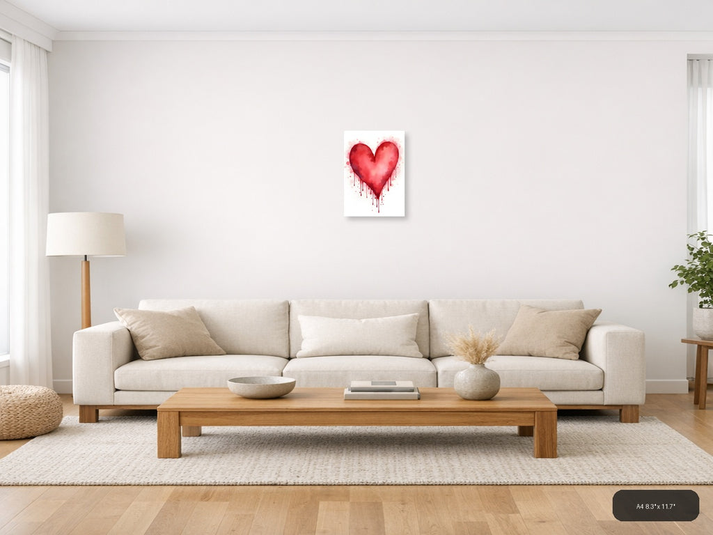Red Watercolor Heart with Dripping Paint Wall Art — A4 / Living Room