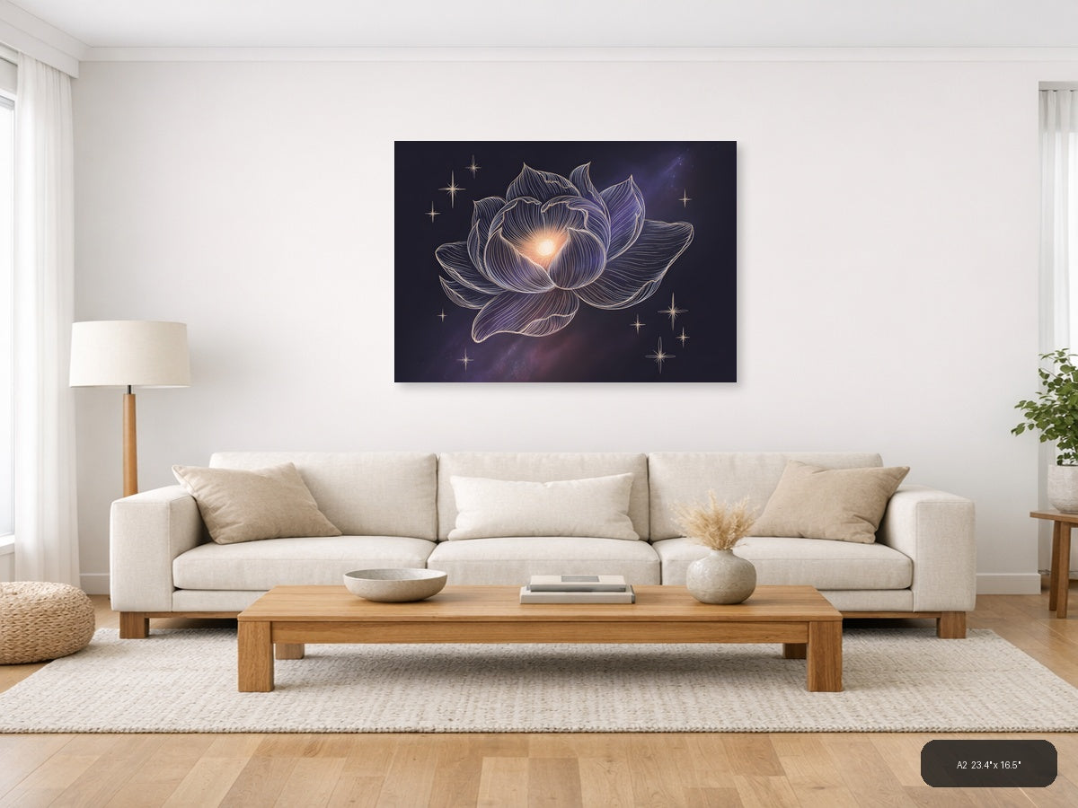 Glowing Lotus Flower Line Art With Stars Wall Art — A2 / Living Room