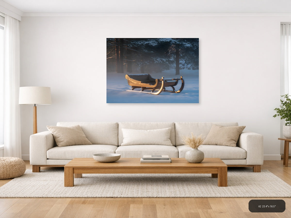 Golden Sleigh in Winter Forest Snow Photography Wall Art — A2 / Living Room