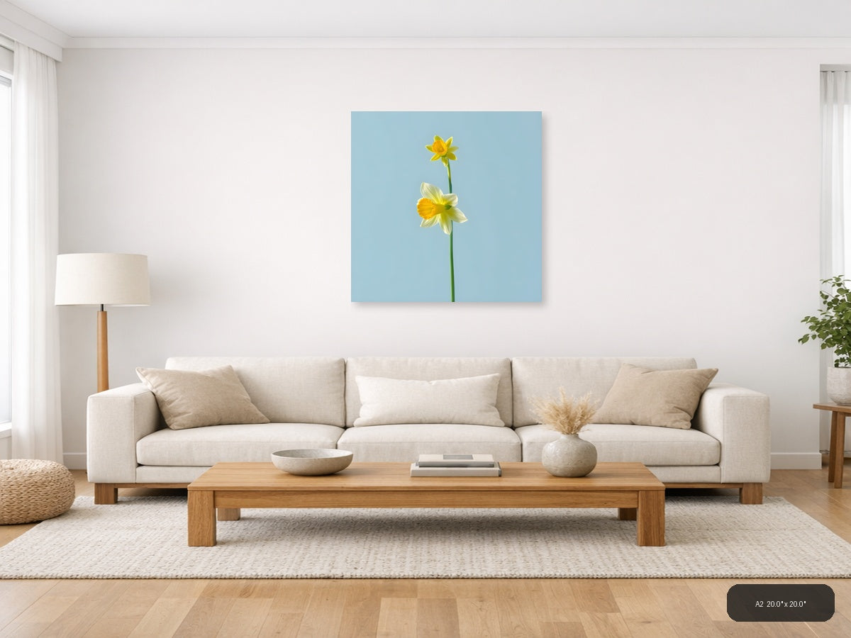 Two Yellow Daffodils Minimalist Botanical Wall Art — A2 / Living Room