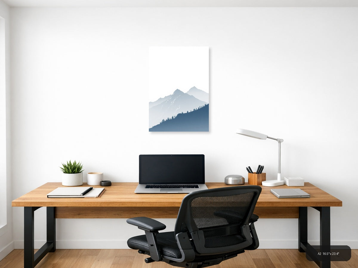 Misty Mountains with Evergreen Forest | Minimalist Landscape Wall Art — A2 (Office)