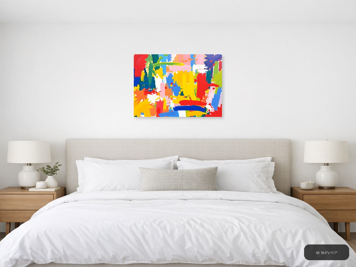 Vibrant Abstract Splatter Colorful Brushstrokes Wall Art — A3 / Bedroom