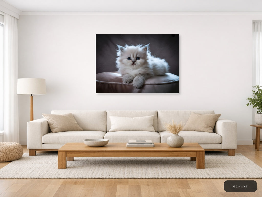 Fluffy White Kitten Portrait Photography Wall Art — A2 / Living Room
