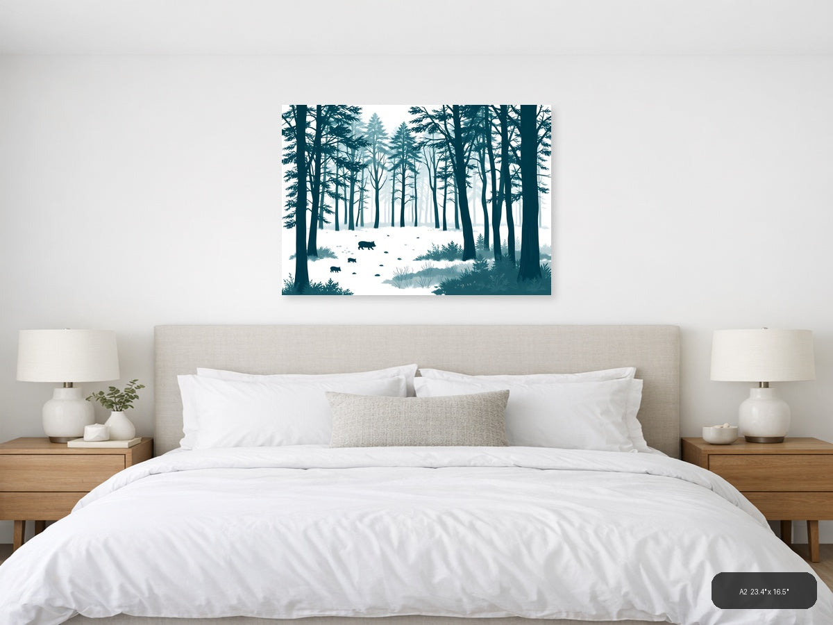 Minimalist Winter Forest with Wild Boars Wall Art — A2 / Bedroom